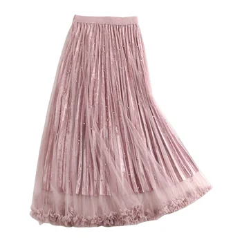 

Women Skirts 2020 New Autumn Winter High Waist Slim Beading Thick Velvet Pleated Mesh Skirt Elegant Pearls Long Skirt Faldas