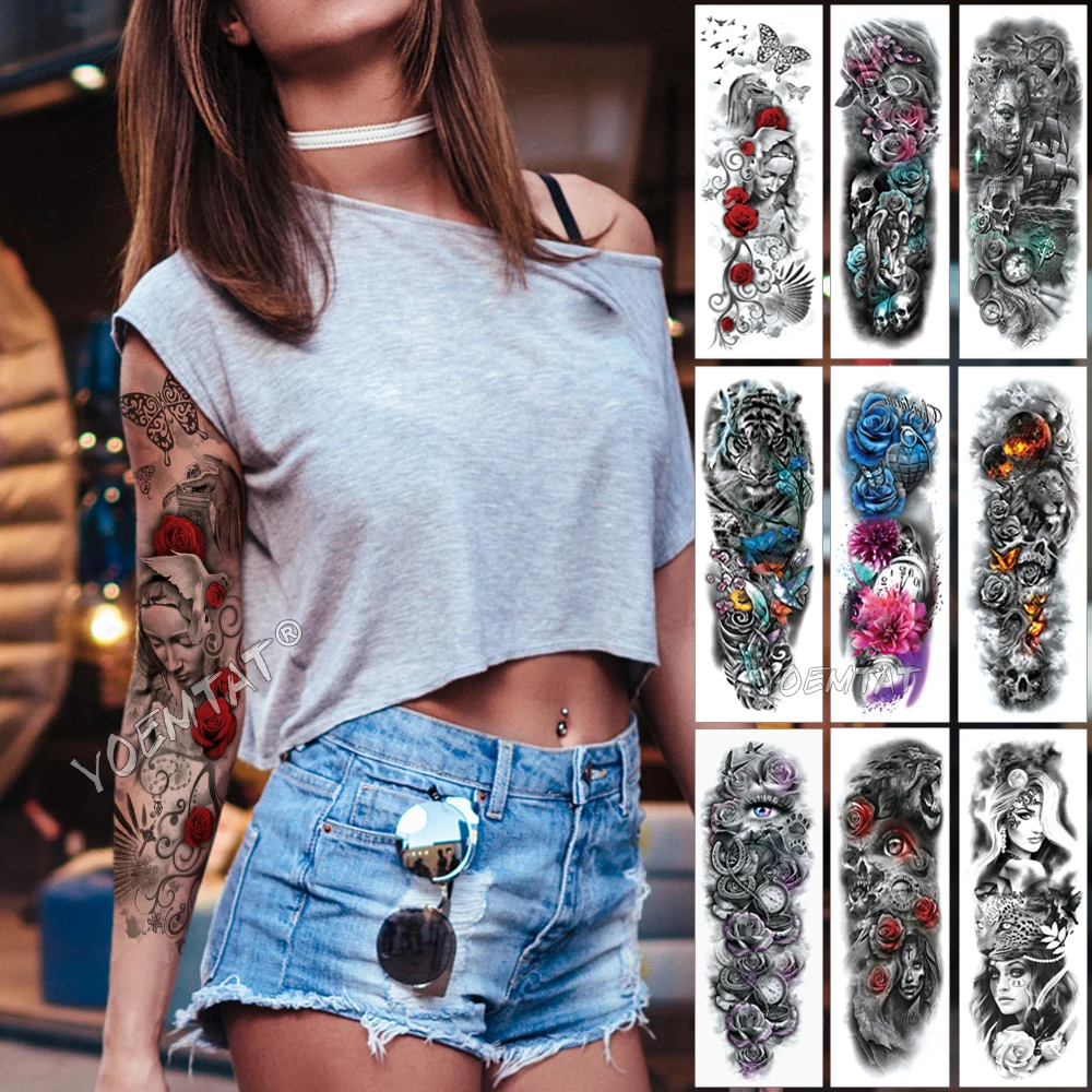 

Large Arm Sleeve Tattoo Sculpture Angel Waterproof Temporary Tattoo Sticker Rose Butterfly Pigeon Men Holy Skull Tatoo Women