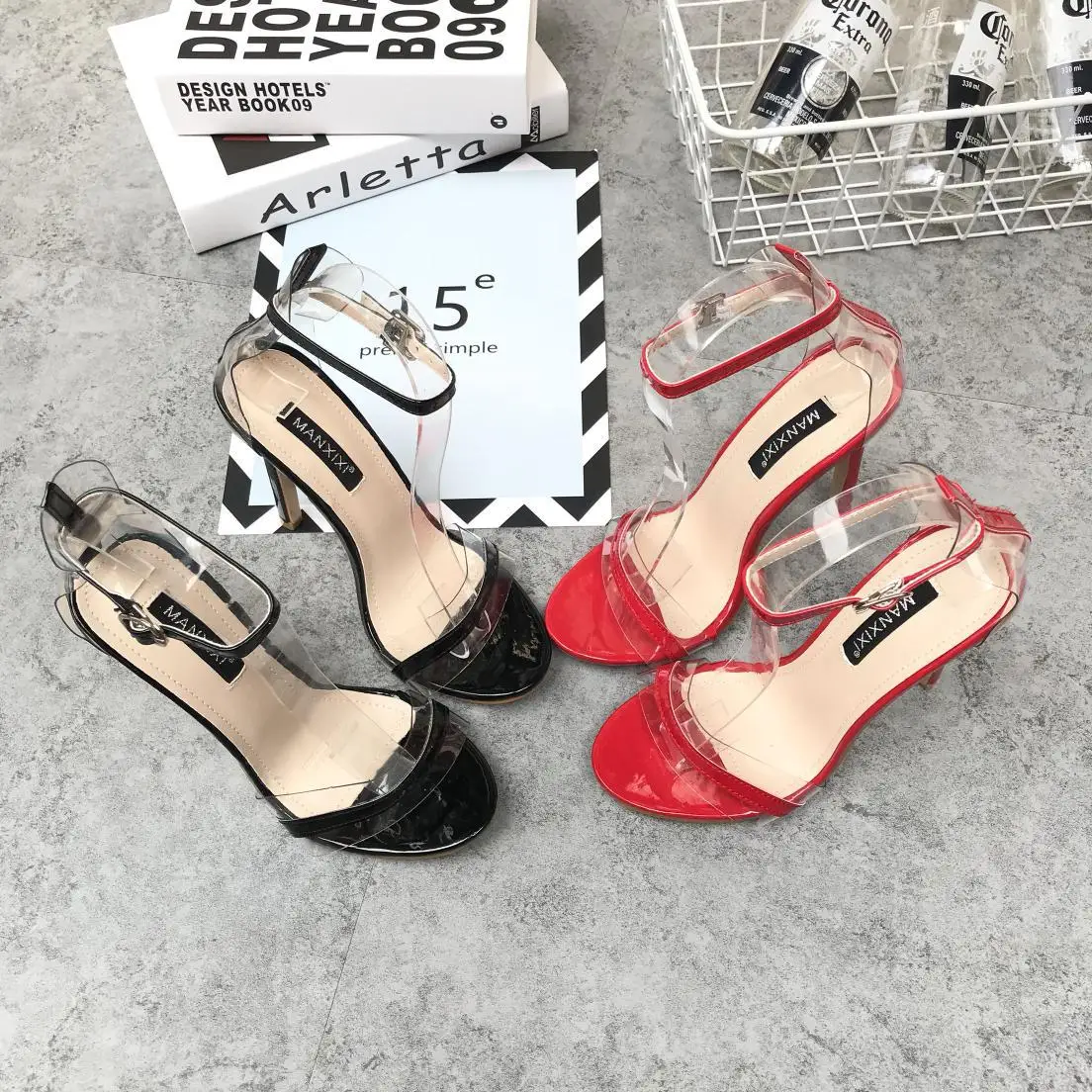 

2018 New Style Spring Summer Fashion Hong Kong Wind A- line Winding High-Heel Transparent Sandals WOMEN'S Shoes