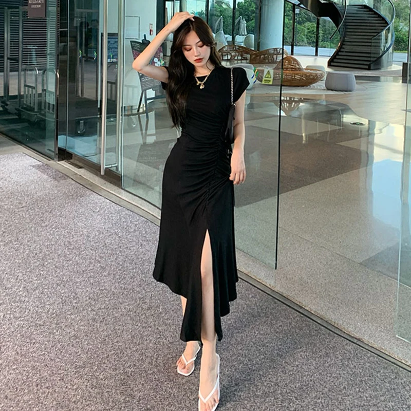 Sexy Pleated Summer Mermaid Dress Women O-Neck Short Sleeve Split