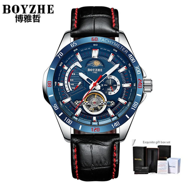 leather blue BOYZHE, Мужские автоматические механические часы, Топ бренд, спортивные часы, Tourbillon, фаза Луны, полностью стальные часы для мужчин, Relogio Masculino - Цвет: leather blue