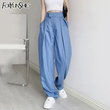 

FORYUNSHES 2021 White High Waist Straight Wide Leg Suit Pants Women Harem Trousers Pockets Office Korean Fashion Black Pantalon