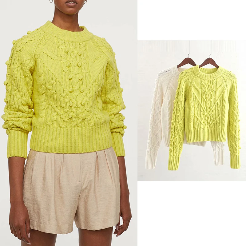 Za 2021 Fashion WomenElegant Oversized Twist Sweater Long Style Sleeve O Neck Yellow Pullovers Female Casual Loose Tops | Женская одежда