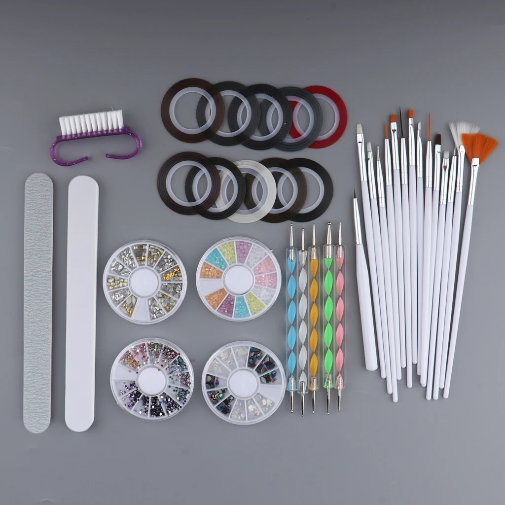 37pcs Manicure Tools Set, 15x Nail Art Liner Brush Pen+5x Dotting Pen+4x Wheel Nail Art Rhinestones+10x Nail Striping Tape