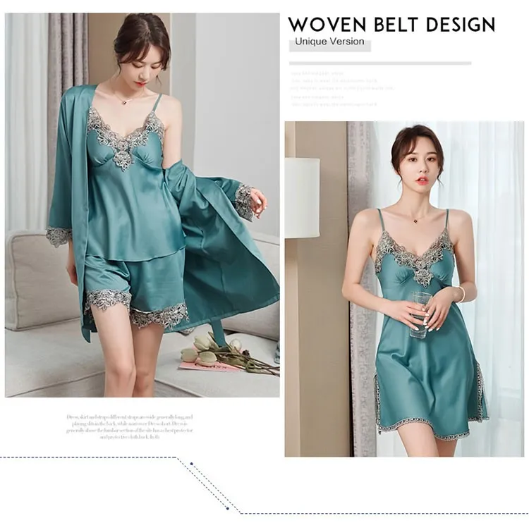 Four seasons new five-piece set with chest pad imitation silk feminine night gown, bathrobe, home service, long-sleeved pajamas