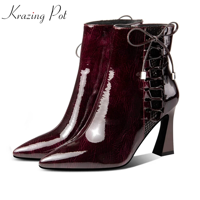 

krazing pot patent genuine leather pointed toe high heel French romance runway brand shoes lace up cross-tied ankle boots l63
