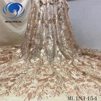 

Beautifical Laces sequins fabrics for women New design nigerian tulle lace embroidery sequins 5yards african fabric ML1N1454