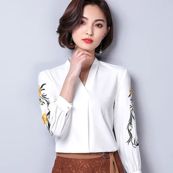 

94802020 Spring New Style Tops Versatile Large Size Embroidery V-neck T-shirt Long Sleeve Slim Fit Chiffon Blouse