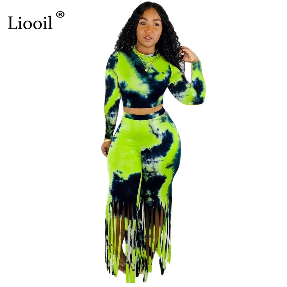 Liooil Green Tassel Bodycon Женский комплект из двух предметов галстук-краска сексуальные плотные комбинезоны осень длинный рукав О-образный вырез вечерние клубный комбинезон