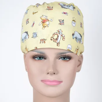 

Hennar wome Cotton Scrub Caps in yellow with bear prints 100% cotton Hospital Medical Hats Print Unisex Surgical Caps Mask