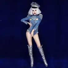 Синий деним жемчуг стразы боди с вырезами день рождения, празднование танцевальный наряд сценическое женское вокальное шоу одежда для выпускного вечера