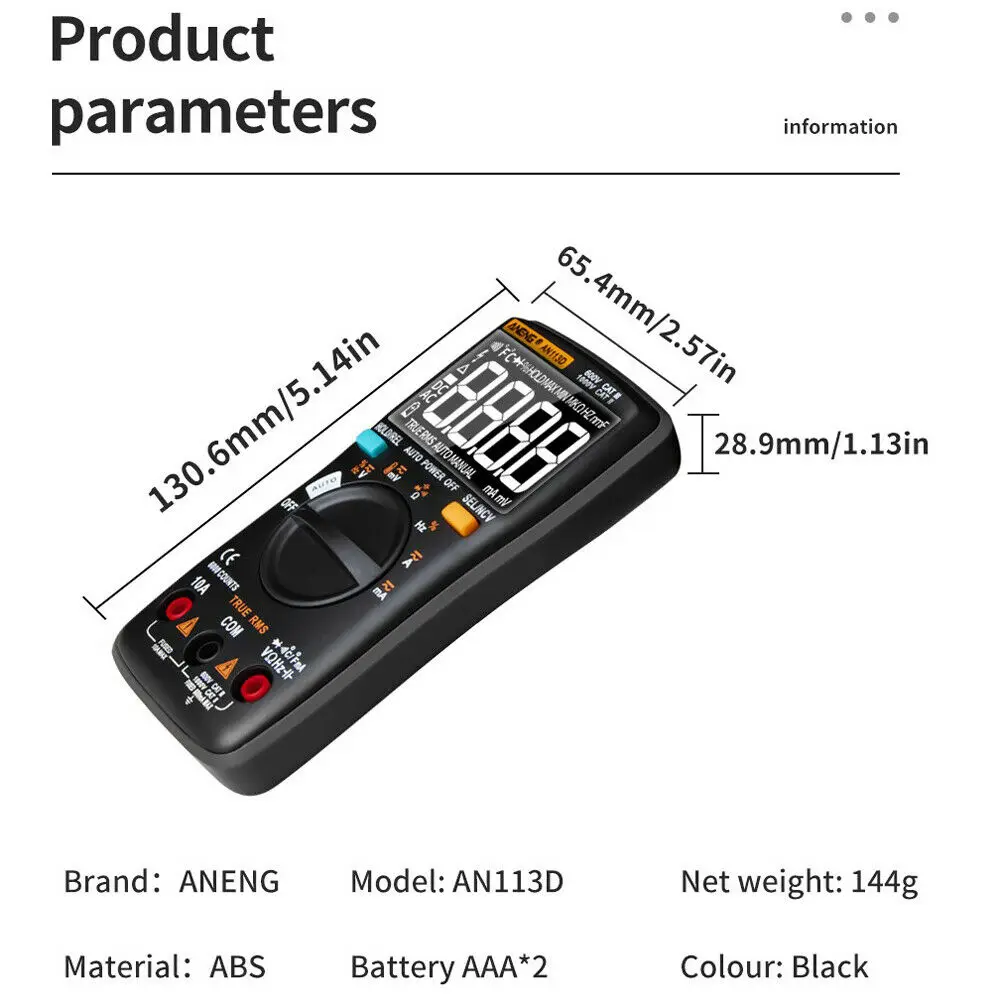 ANENG AN113D AC/DC измеритель напряжения, цифровой мультиметр, 6000 отсчетов, Электрический измеритель, транзистор, тестер температуры, Автоматический диапазон