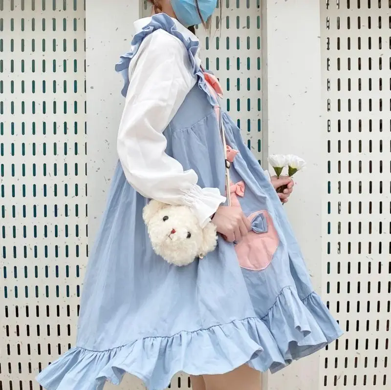 Japanese Summer Sweet Lolita Style Dress Square Collar Kawaii Bow Splice Strap Dress Sleeveless Cute Ruffles Mori Girl Dresses