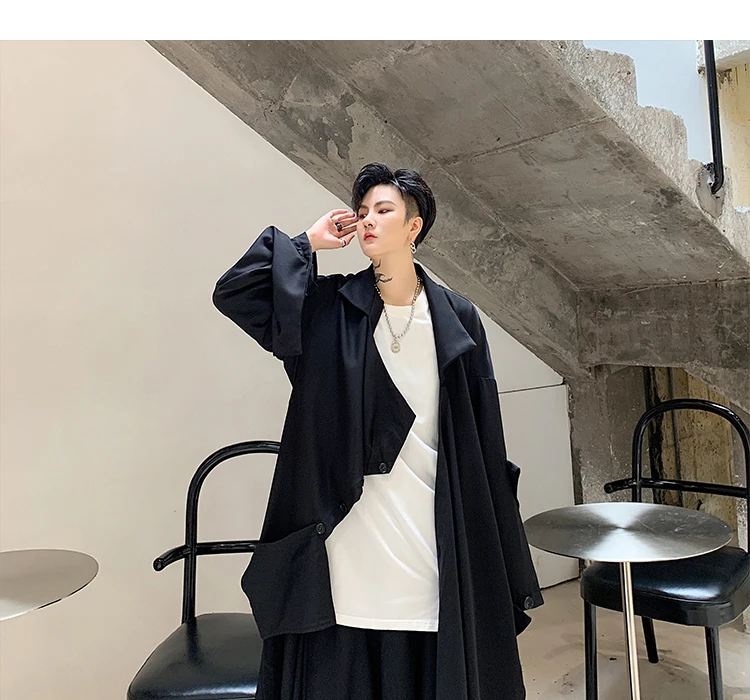 Men Loose Casual Black Irregular Splice Long Windbreaker Jacket Male Japan Streetwear Hip Hop Punk Gothic Cardigan Trench Coat