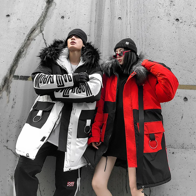 US Size Winter Parkas Men Women Streetwear Thick Fur Collar Jackets Fashion Hip Hop Warm Coats Patchwork Windbreaker DG431