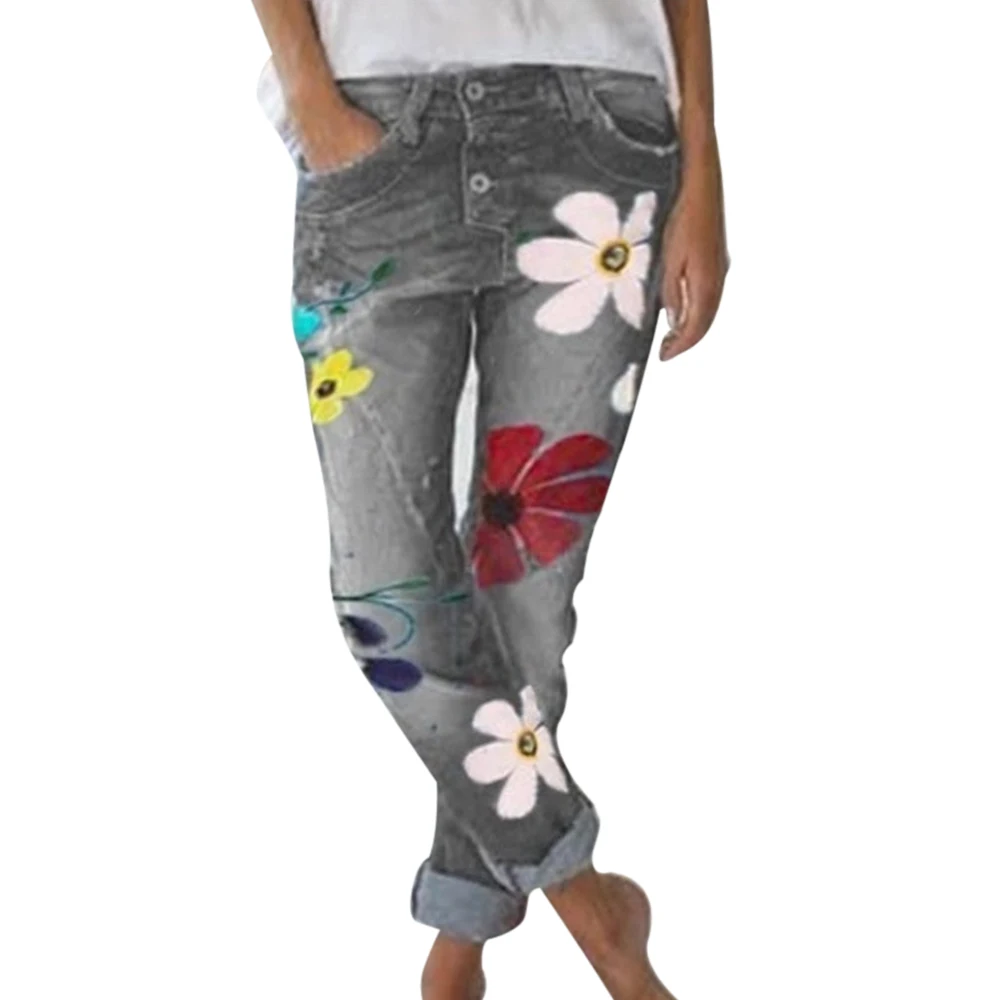 Новые брендовые узкие женские джинсы модные джинсы с цветочным узором брюки осенние длинные джинсовые брюки на пуговицах подходят прямые брюки для бега - Цвет: gray