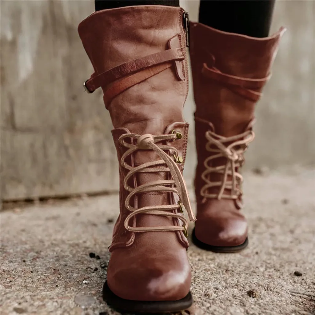 

Roman style boots vintage Winter shoes round head shoes square with Boots for women leather zipper Botas mujer invierno