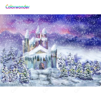 

Winter Wonderland for Decorations Photography Christmas Ancient Castle Trees with Snow Purple Sky Background Cartoon Backdrops