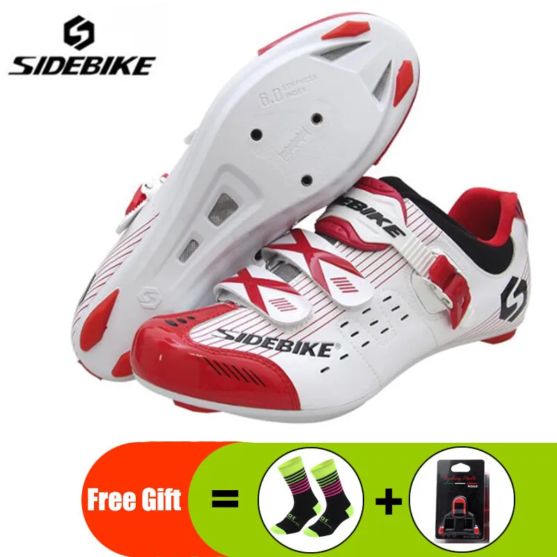 add gift SIDEBIKE/Обувь для шоссейного велоспорта; комплект с педалью; профессиональный Сверхлегкий дышащий Противоскользящий самоблокирующийся спортивный гоночный Sapatos de - Цвет: add gift