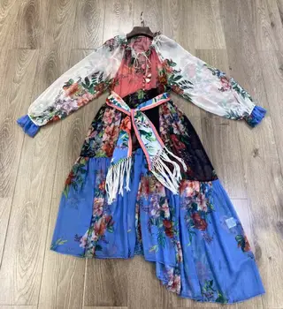 

High Quality Summer Dress 2020 Fashion Style Women Runway Floral Print Long Sleeve Belt Color Patchwork Casual Long Dress