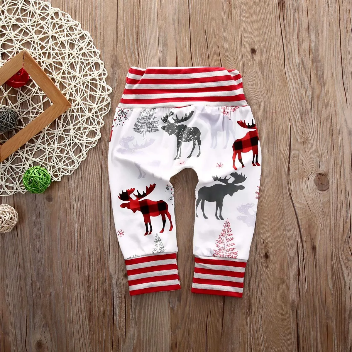 Рождественские детские эластичные леггинсы с высокой талией повседневные штаны в полоску с принтом оленя хлопковые брюки смешанного стиля