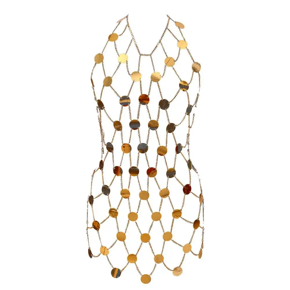 Sexy Sequins Dress Hollow Out Body Chain Metal Beach Bikini Top Cage Waist Belt Harness Boho Plus Size Women Jewelry Fashion
