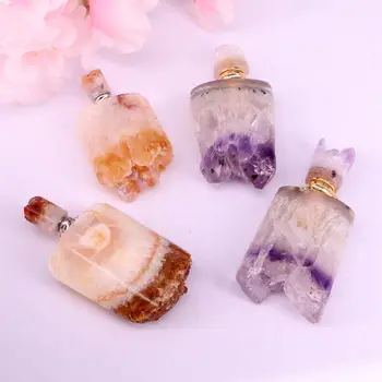 

2Pcs Fashion Perfume Bottle, Natural Amethysts / Yellow Gem Essential Oil Pendant, with Double Loops For Making Jewelry