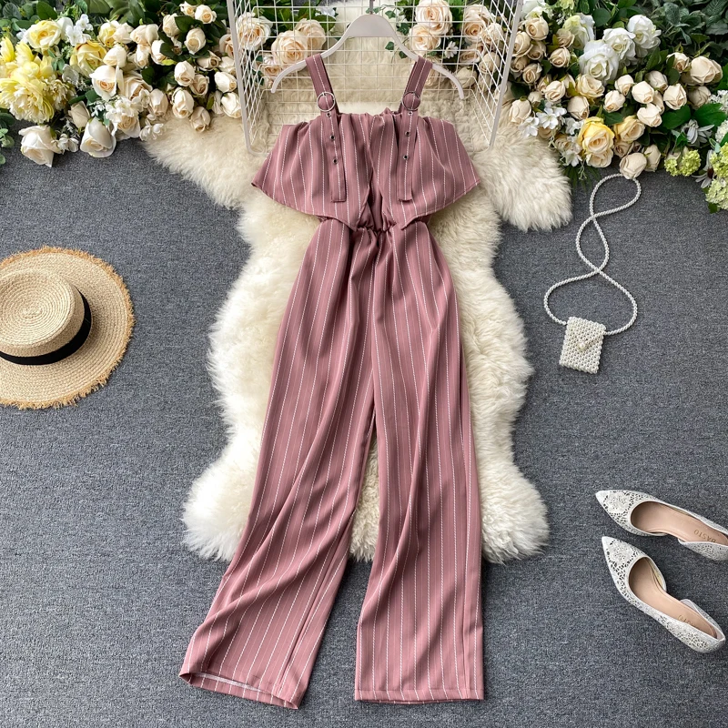 

ZOSOL Jumpsuits for Women 2020 New Summer Sexy Halter Strap Scalloped Tube Top High-Waisted Thin Stripes Wide Leg Pants