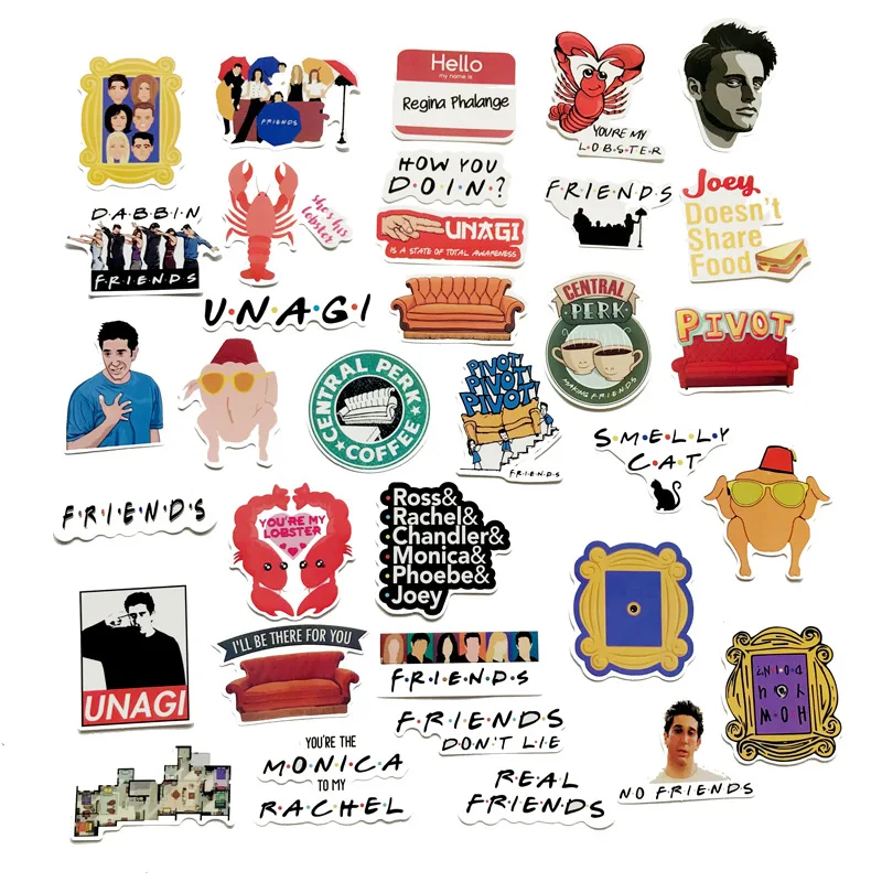 34pcs Friends tv show funny Creative badges DIY decorative stickers Cartoon  PC wall notebook phone Waterproof sunfast sticker