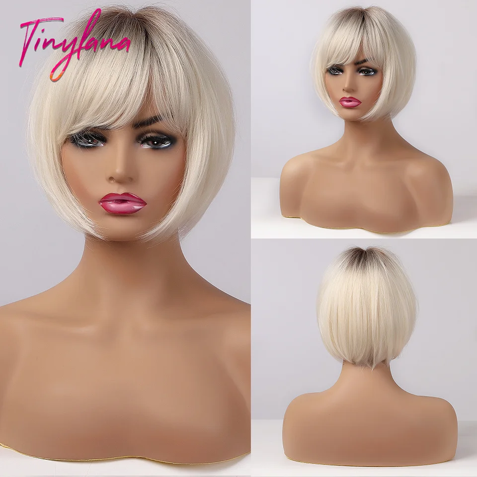 Perruque Femme Courte Castano Clair Mèches Blond Doré Et Cuivre - Synthétique - Taille Moyenne