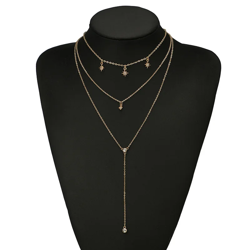

Women Fashion Stars Multi-layer Necklace Simple Three Party Charm Jewelry Christmas Gifts