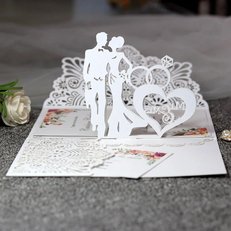 European Laser Cut Wedding Invitations Card 3D Tri-Fold Diamond Ring Engagement Greeting Card 5pcs greeting cards