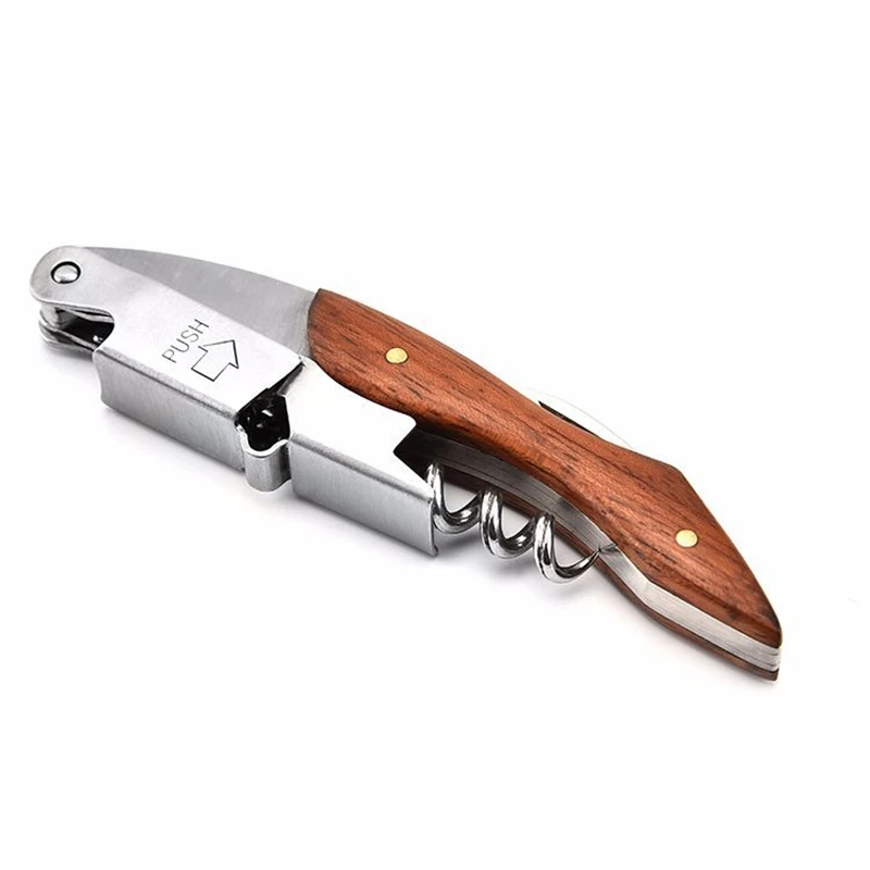 Description Picture 4 of itemStainless Steel Red Wine Opener Wood Handle With Leather Professional Multifunction Portable Screw Corkscrew Kitchen Bar Tools