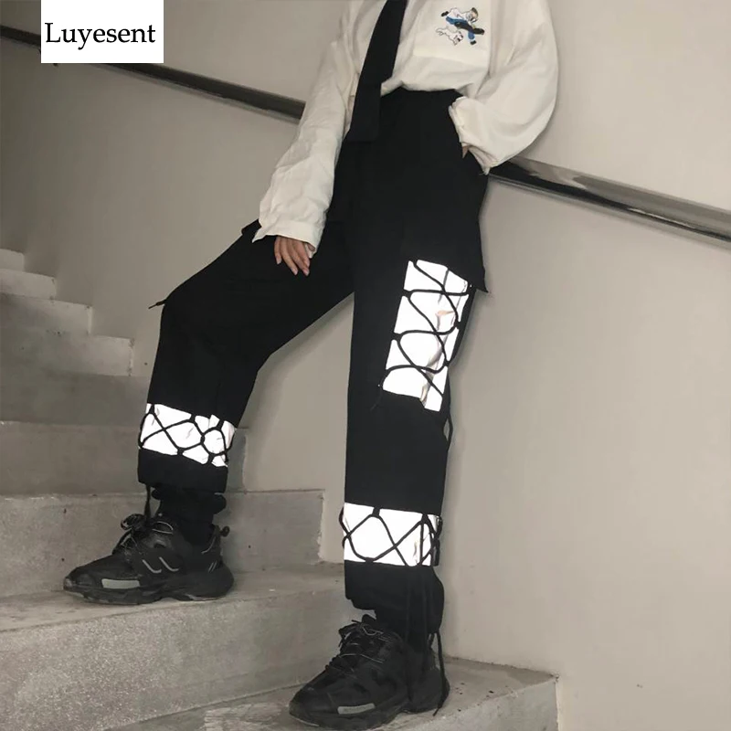 Cool Punk Black Women Long Cargo Pants 2020 Lady Reflective Drawstring Pockets Sport Ankle-Length Stretch Waist Rock Trousers
