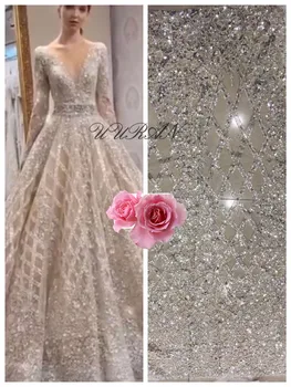 

High Quality African Lace Fabric White Sequins Tissu Indian Wedding Dress Fabric French Beads Mesh Tulle Lace Material Silver