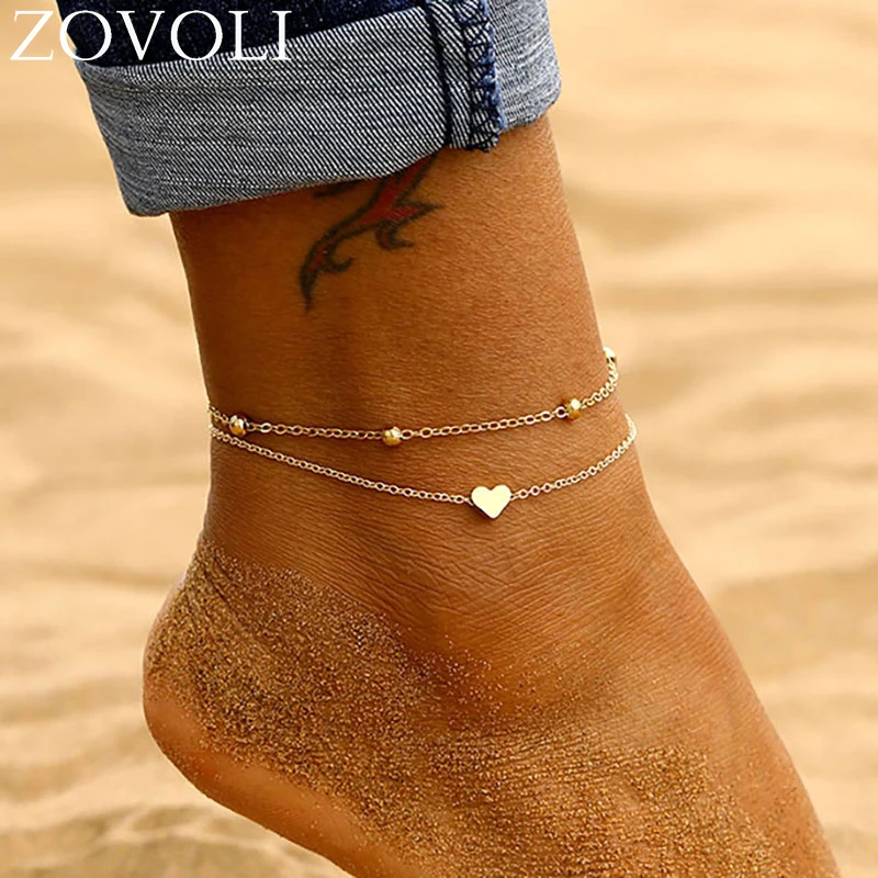 ZOVOLI Gold Double Layer Chain Heart Pendant Ankle Bracelets Set Beaded Anklets For Women Beach Foot Bracelet Boho Jewelry ZOVOLI Gold Double Layer Chain Heart Pendant Ankle Bracelets Set Beaded Anklets For Women Beach Foot Bracelet Boho Jewelry