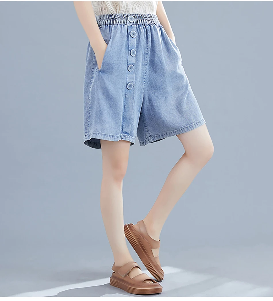 AudWhale Plus Size Denim Shorts For Women Elastic Waist Ladies Jeans Shorts Loose High Waist Summer Jeans Shorts Femme