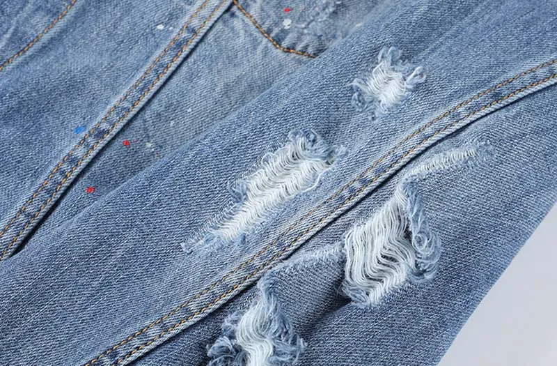 Men Ripped Denim Jackets With Rivet Dot Painted Jeans Jackets Outwear For Man Washed Streetwear  (3)