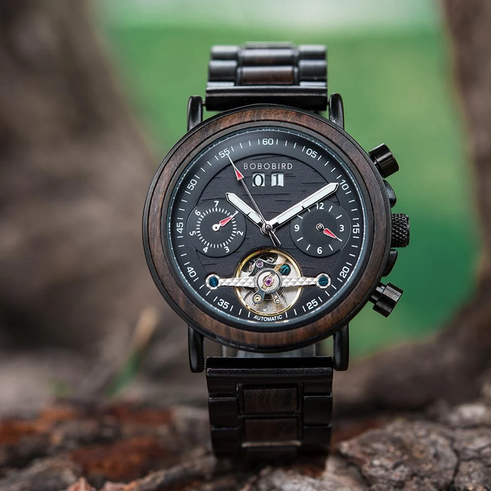 腕時計、アクセサリー メンズ腕時計 Bobo bird-男性用機械式および自動巻き時計,ステンレススチール,木製,ビジネス,耐水性,クロノグラフ,男性