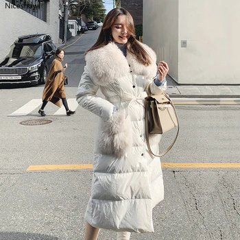 

Winter Big Fur Collar Down Parka Coat Women 2019 New Bright Down Cotton Coats Female Long Warm Down Overcoat Women Slim Jackets