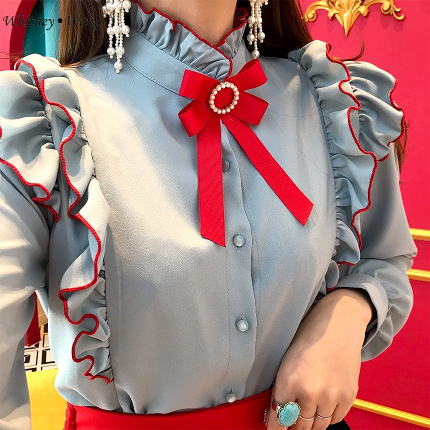 WHITNEY WANG Blouses Woman Autumn Fashion Streetwear Ruffled Bow Blouse Women Blusas Office Lady Shirt Tops