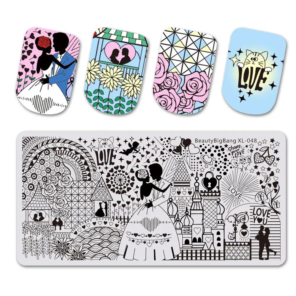 

BEAUTYBIGBANG Rectangle Valentine's Day Nail Stamping Plates Couples Rose Flower Love Template Nail Art Image Plate XL-48