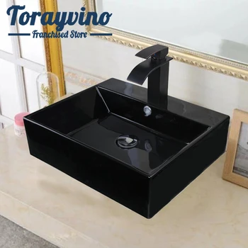 

bathroom basin vanity sink with waterfall faucet set black rectangle washbaisn orb hot & cold water mixer tap ceramic basin sets