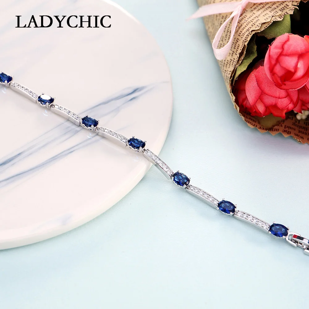 LADYCHIC Luxury Blue Green Oval Zircon Silver Color Bracelets Charming Crystal Bride Wedding Jewelry Women Fashion Bangle LB1001