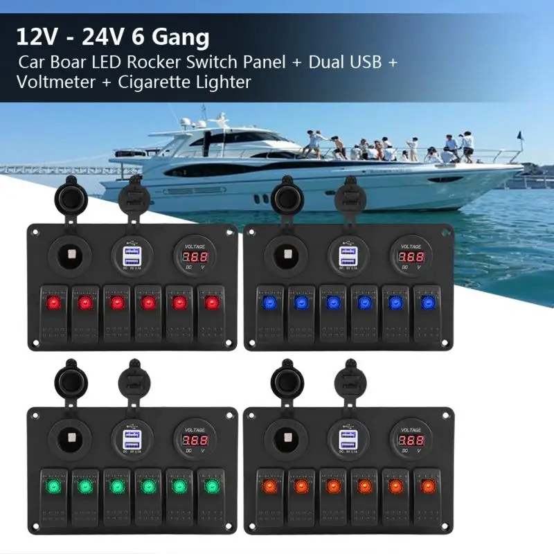 12V 24V 6 Gang Car Boat Marine LED Rocker Switch Panel Dual USB Voltmeter Cigarette Lighter Charge 4 Color | Автомобили и
