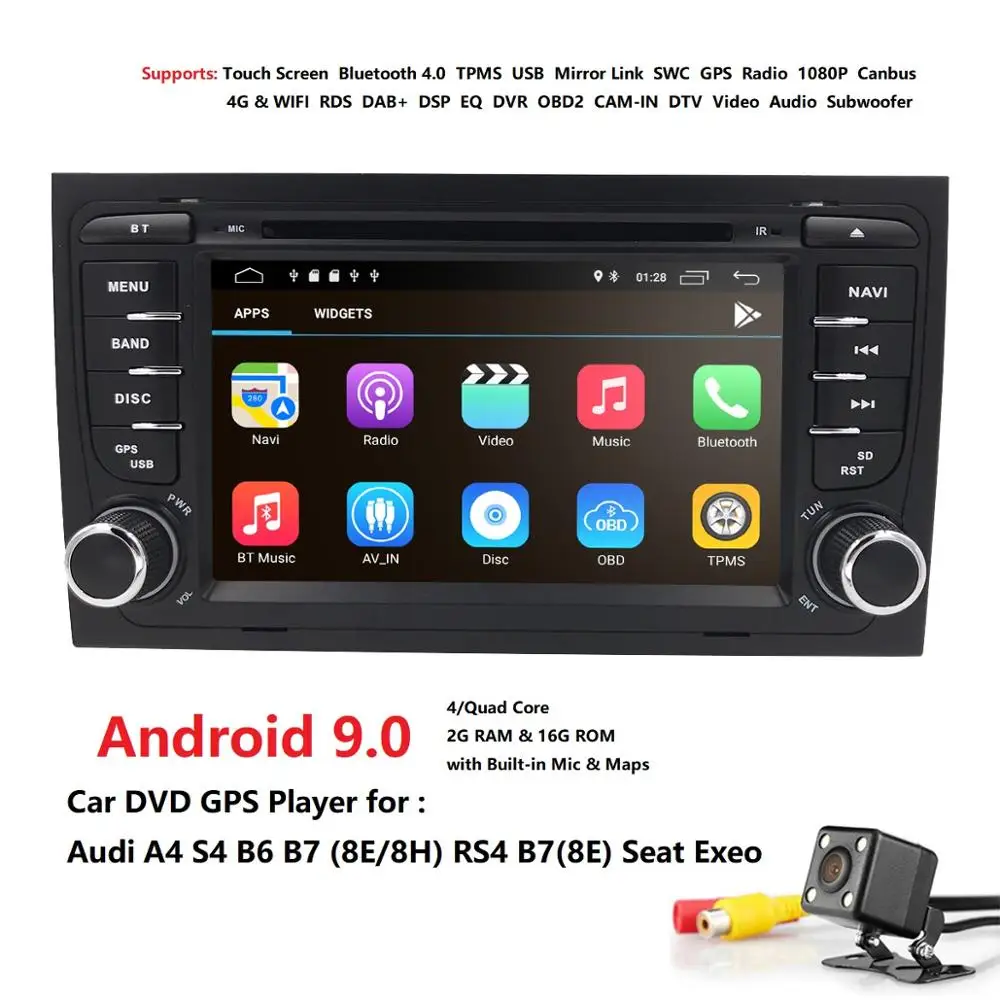

Hizpo Android 9.0 Double Din Car DVD GPS Player For Audi A4 S4 B7 Canbus Radio GPS Bluetooth 1080P 4G USB Host Ipod Map TPMS DVR