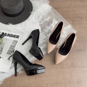

2020 Women High Heel Patent Leather Shallow Mouth Pumps Lady Pointed Platform Dress Shoes