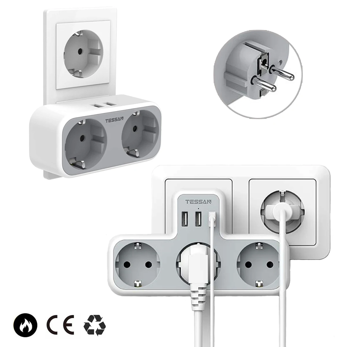 TESSAN-enchufe USB compacto, 5 en 1, ladrón, con 3 enchufes Schuko y 3  puertos USB, adaptador de enchufe múltiple para el hogar y la Oficina -  AliExpress