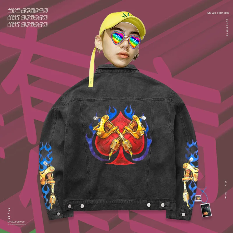 

Two Pockets Oversize Coat Single-Breasted Red heart Outerwear Oversize Couples Cool men demin jacket