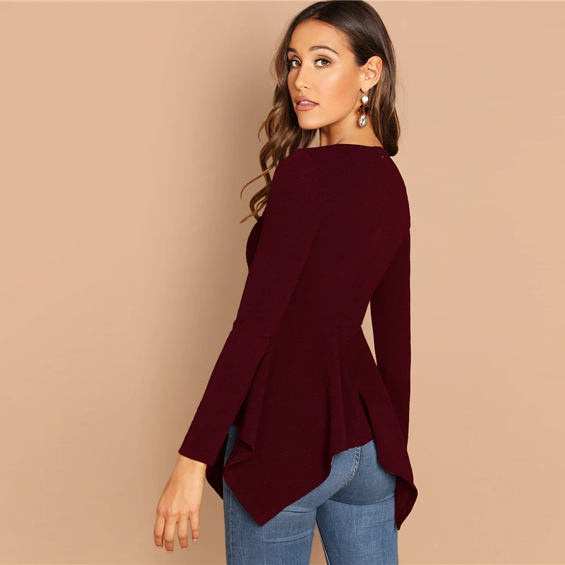 SHEIN Однотонный Топ С Асимметричным Низом И Молнией Женская Черная Классическая Блузка С Длинными Рукавами